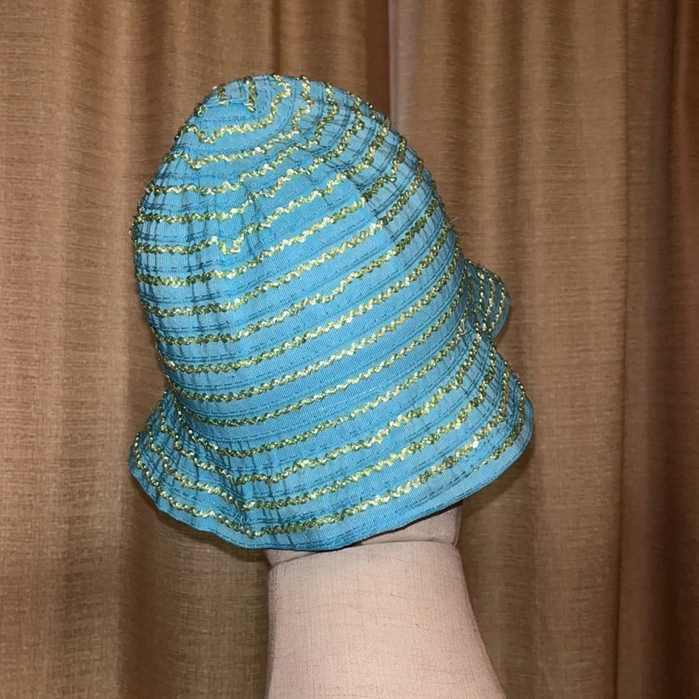Toddler Hat Aqua with Lime Stripe Accent and Flower